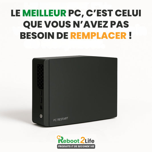 Visuel Reboot2Life présentant un PC Restart avec le message “Le meilleur PC est celui que vous n’avez pas besoin de remplacer”, mettant en avant la durabilité et l’anti-obsolescence. (Bressuire, 79)
