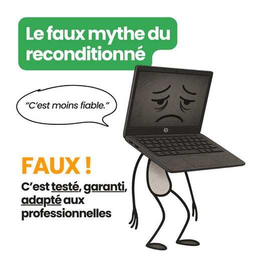 Visuel Reboot2Life sur le mythe du reconditionné : un PC illustré et le message “Faux, c’est testé et garanti”. (Bressuire, 79)