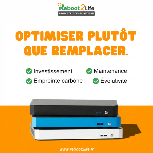 Visuel Reboot2Life avec le message “Optimiser plutôt que remplacer” et les bénéfices : investissement maîtrisé, maintenance, empreinte carbone réduite et évolutivité, illustré par trois mini PC empilés sur fond orange (Bressuire, 79)