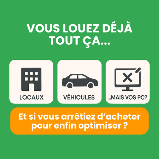 Visuel Reboot2Life comparant la location des locaux et des véhicules avec la question “Et si vous louiez aussi vos PC pour optimiser ?”. (Bressuire, 79)