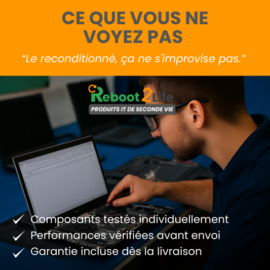 Visuel Reboot2Life montrant un technicien testant les composants d’un ordinateur reconditionné avec le message “Le reconditionné, ça ne s’improvise pas”. (Bressuire, 79)